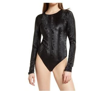 Good American Black Snakeskin Faux Leather Long-sleeve Bodysuit size M
